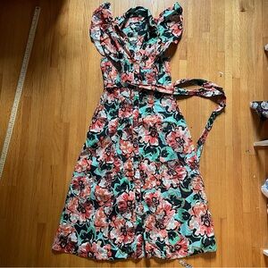 Maeve Anthropologie Floral Button Down Cotton Midi Dress Size S Flutter Sleeves